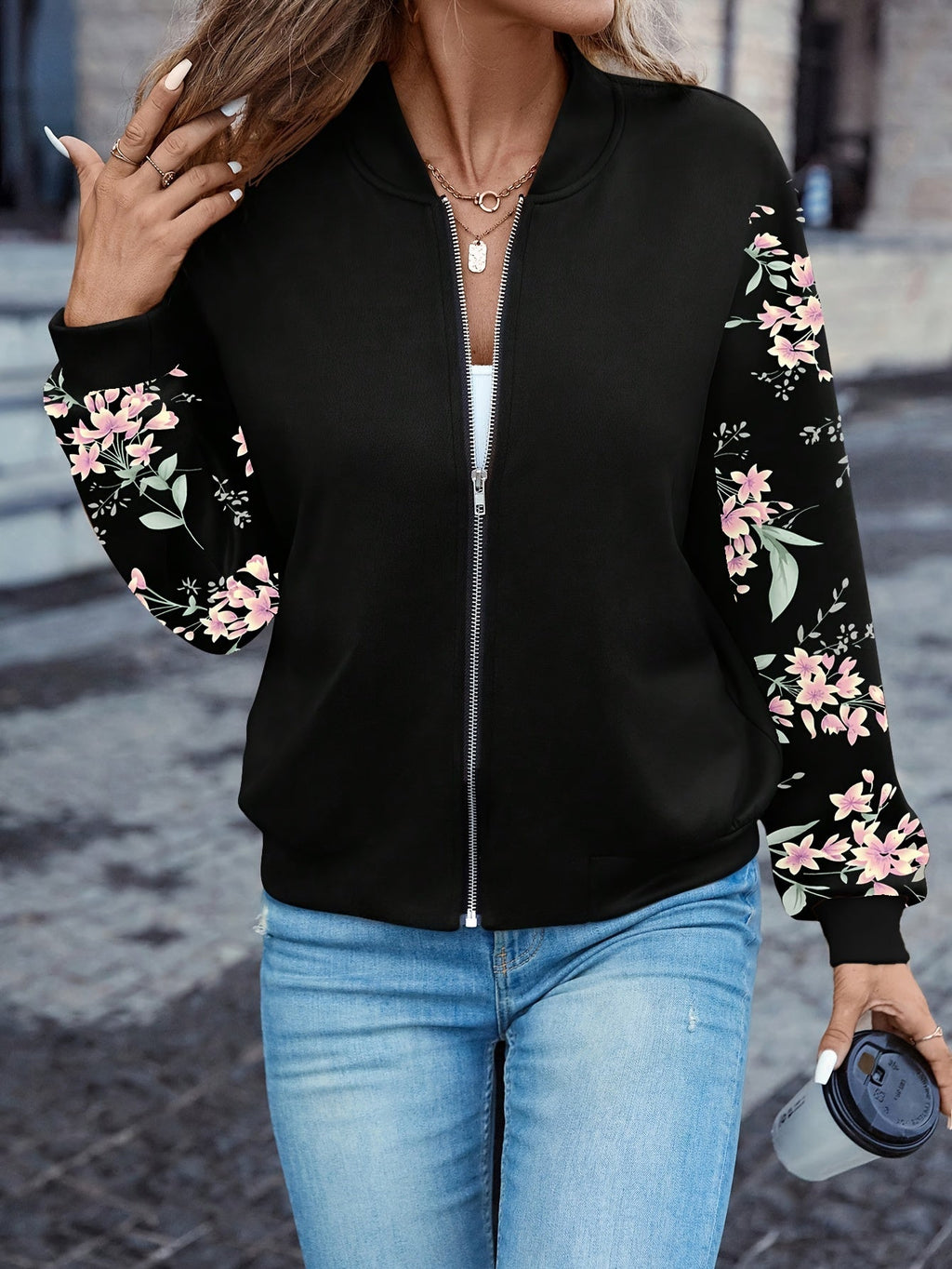 Floral Print Zip Up Jacket Women's Baseball Collar Long Sleeve Spring Fall Lightweight Coat Casual Outerwear Black S M L XL XXL