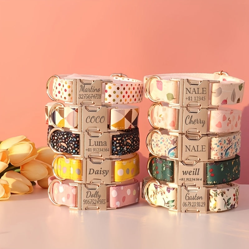 Personalized Dog Collar with ID Tag - Customizable Anti-Lost Pet Collar in 21 Styles, Adjustable XS to XL for Small Medium Large Dogs, Plaid Floral Dot Patterns, Engraved Contact Information