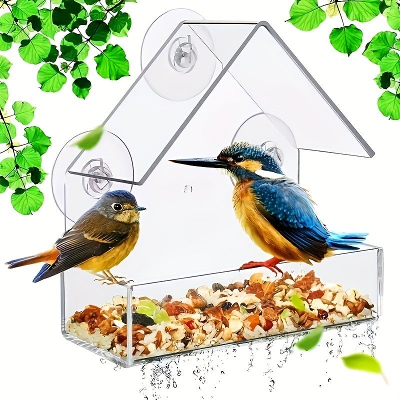Acrylic Window Bird Feeder House-Shaped Transparent Seed Tray with Suction Cups for Secure Mounting – Clear View Wild Bird Feeder for Backyard Garden Bird Watching