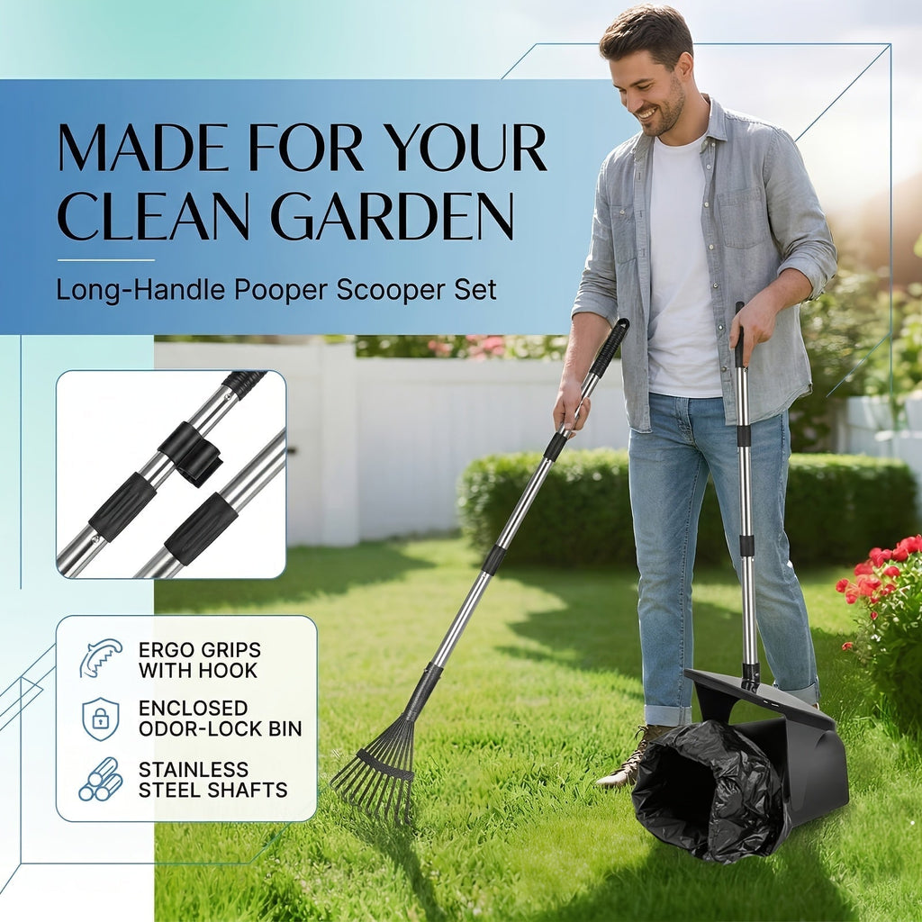 Dog Pooper Scooper Set Heavy Duty with Swivel Bin, Rake & Spade – Long Handle Pet Waste Removal Tool for Grass, Dirt & Gravel, Includes 40 Waste Bags, Great for Large Dogs