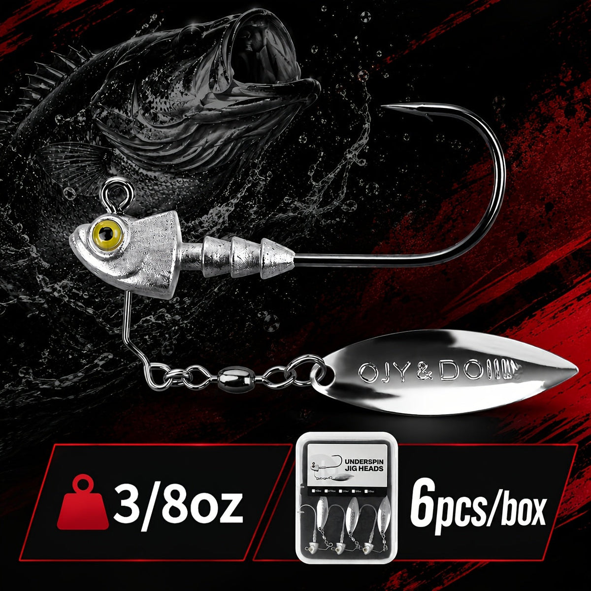 Underspin Jig Heads 6-Pack with 100% Brass Blade (Never Rust) - Bass & Saltwater Fishing Lures - 3/16oz 1/4oz 3/8oz 1/2oz Sizes Included