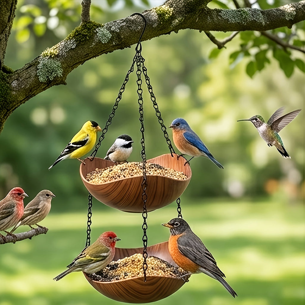 Hanging Bird Feeder and Water Bath 2 Pack - Bowl-Shaped 1-Tier Feeder with Wood Grain Appearance, Thickened Metal Chain & Stable Hook, Spacious Outdoor Garden Bird Feeder for Wild Birds
