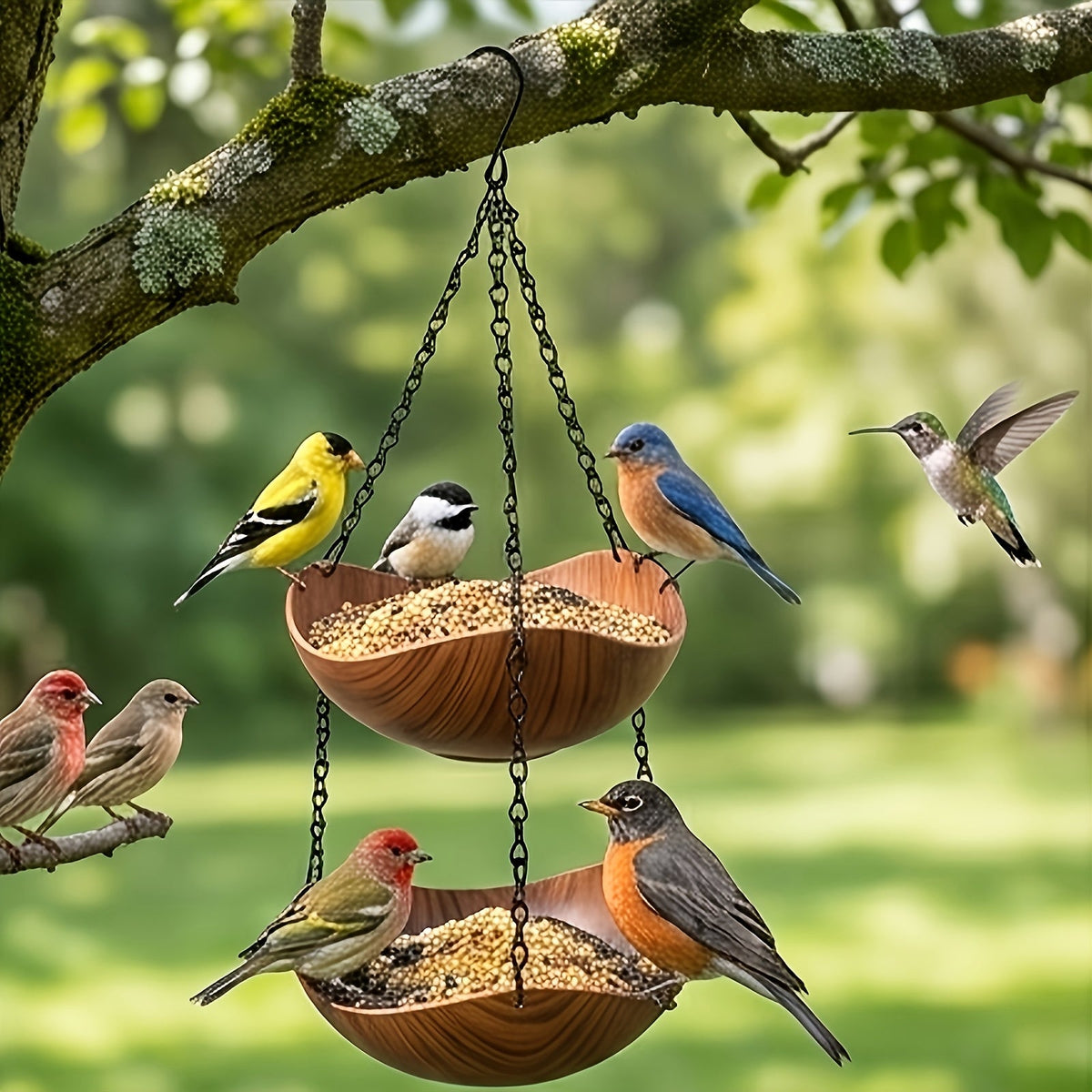 Hanging Bird Feeder and Water Bath 2 Pack - Bowl-Shaped 1-Tier Feeder with Wood Grain Appearance, Thickened Metal Chain & Stable Hook, Spacious Outdoor Garden Bird Feeder for Wild Birds