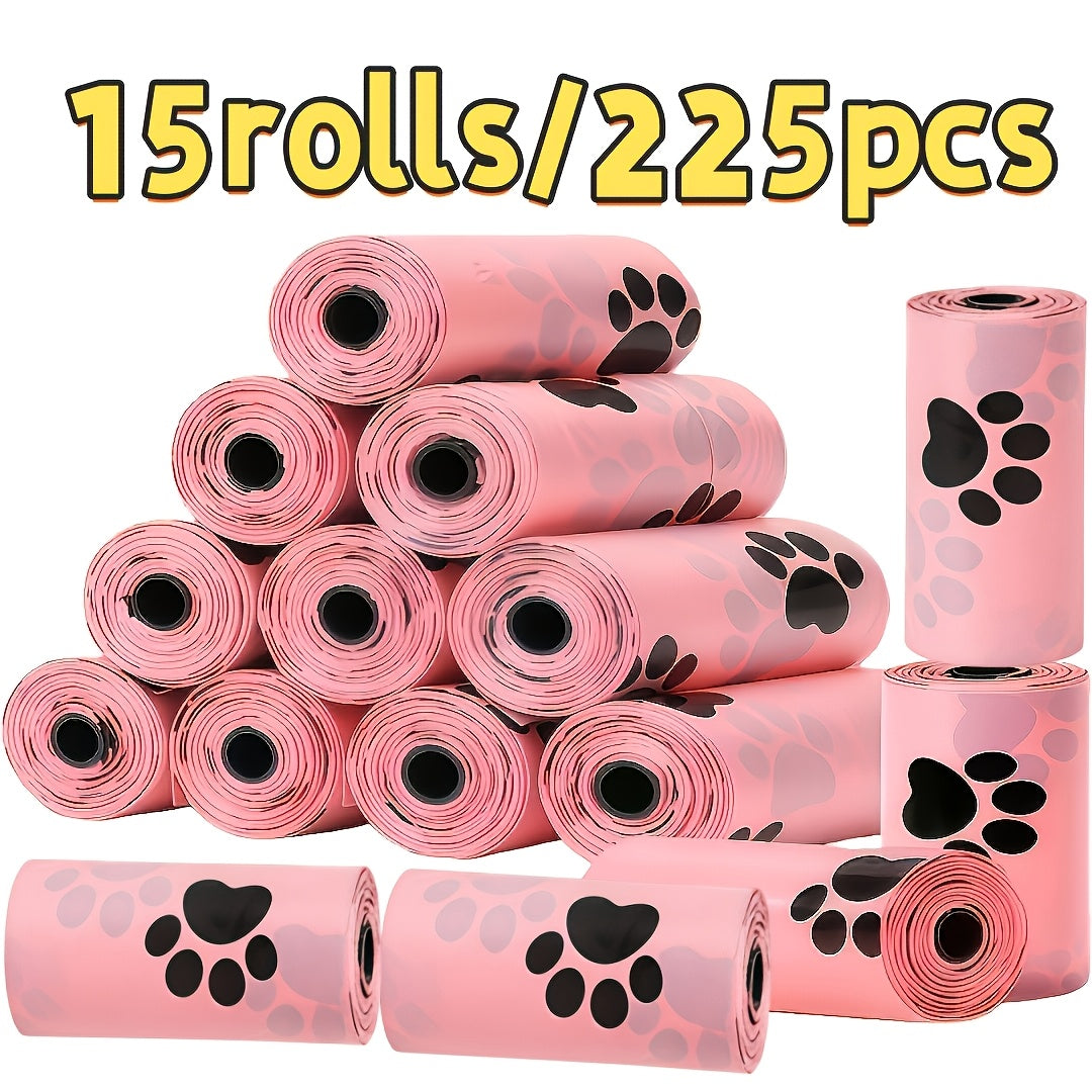 Dog Poop Bags with Paw Print Design – 15 Rolls/225 Count Thickened Leak-Proof Disposable Pet Waste Bags for Dogs & Cats, Easy Tear-Off Rolls, Portable for Walks & Outdoor Cleanup, Pink Cat Paw