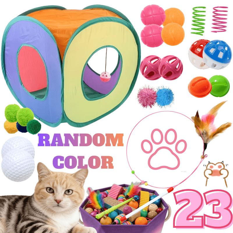 23 Piece Foldable Rainbow Cat Tunnel Toy Set for Kittens – Collapsible Square Tunnel, Teaser Wand, Jingle Balls & Interactive Cat Toys, Indoor Outdoor Pet Play Tent & Exercise Playground
