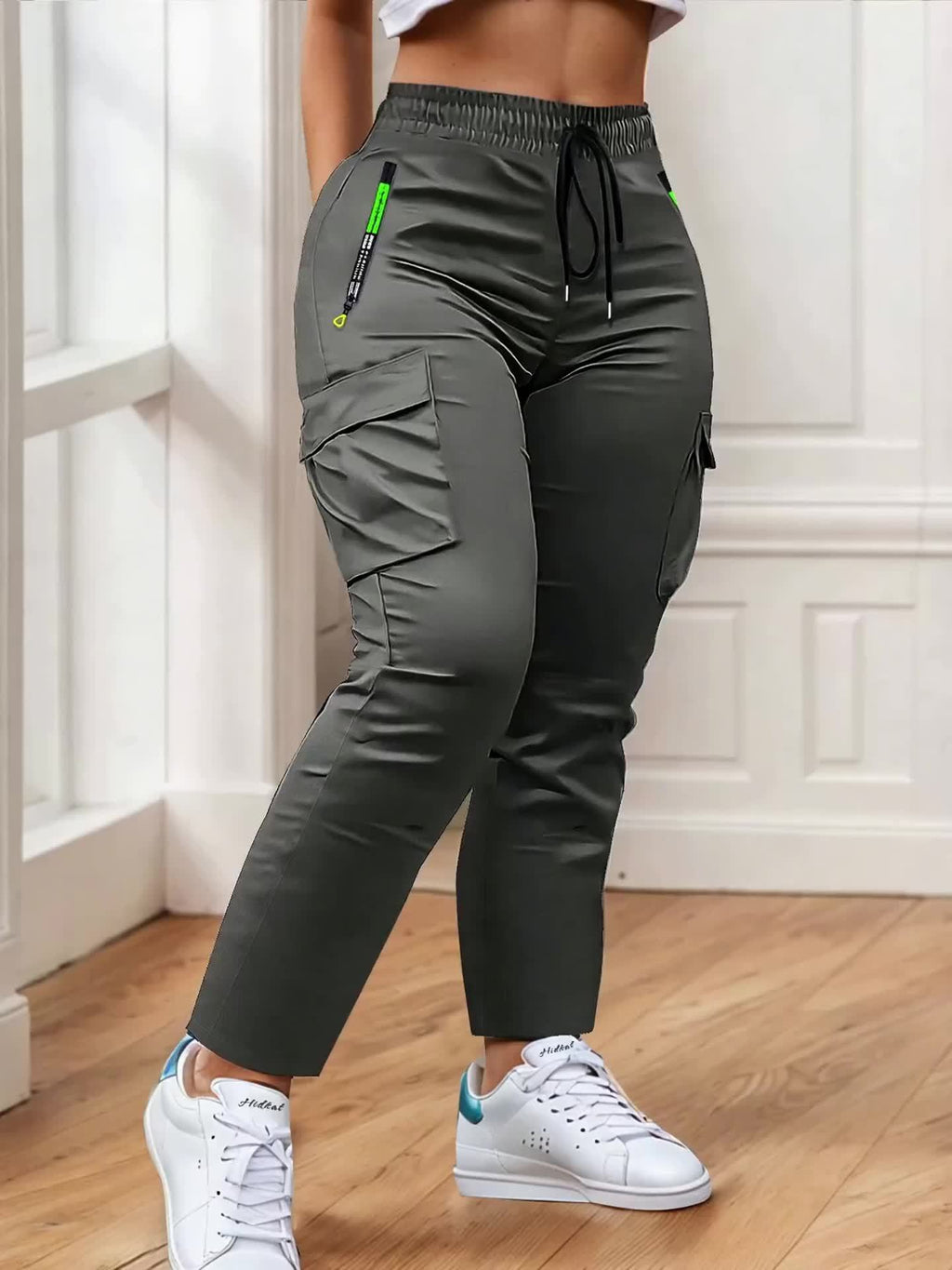 Women's Multi-Pocket Cargo Pants – Neon Green Zipper Accents, Drawstring Waist, Full-Length Outdoor Travel Trousers, 4 Colors, Sizes XS-XXL, Spring Fall Casual Streetwear