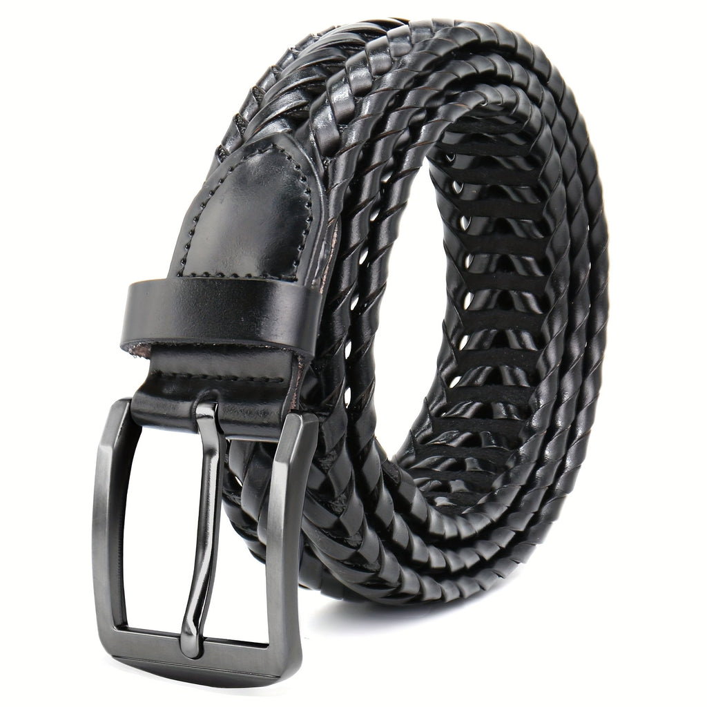 Men's Leather Braided Belt – Woven Hollow Design with Gold Zinc Alloy Buckle, Casual Dress Belt for Golf Pants Jeans Everyday Wear, Sizes 34" to 50", Great Gift for Dad