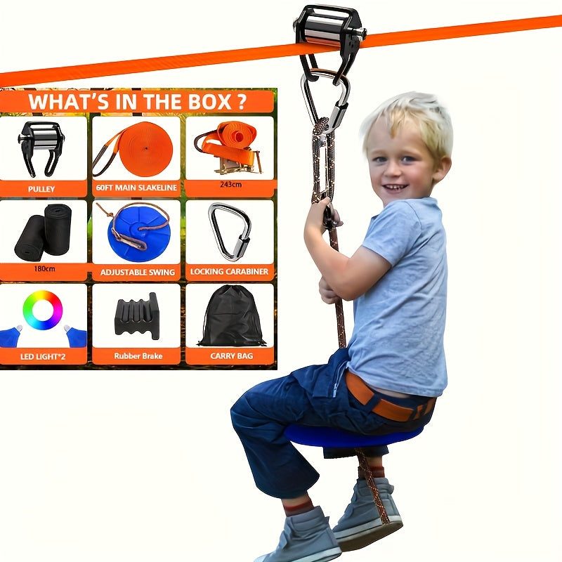 Backyard Zipline Kit 9-Piece Set for Kids & Adults, Outdoor Zip Line with Slim Pulley, Triangular Hook, Flat Strap, ABS Swing Seat & Carry Bag - Backyard Zip Line Accessories for Trees, Outdoor Play Set