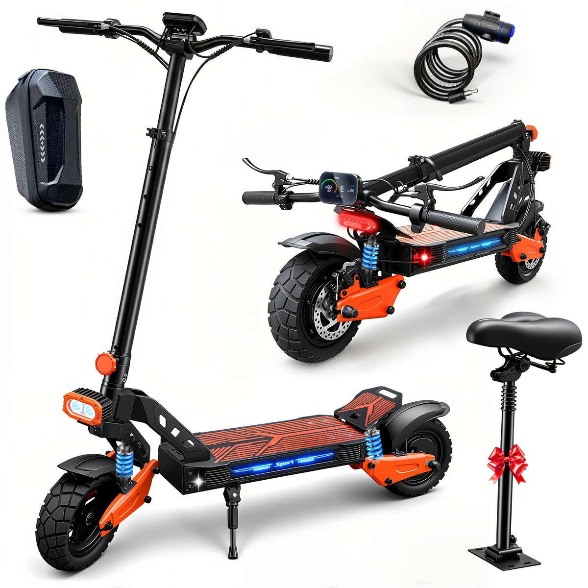 749W Electric Scooter with Seat for Adults – 27.9 MPH Top Speed, 48V 13Ah Battery 28-Mile Range, Foldable Design, Dual Shock Absorbers, Off-Road Tires, Urban Commuter & Outdoor Travel E-Scooter