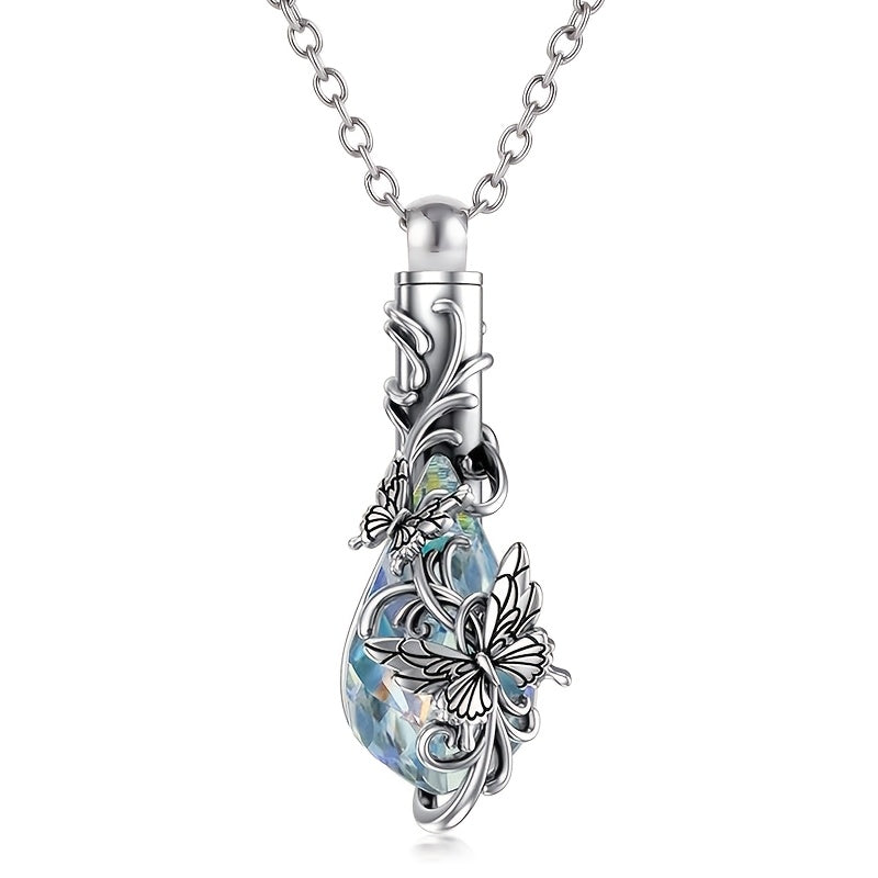 Butterfly Crystal Urn Necklace for Ashes - Teardrop Cremation Pendant Holder for Women, Animal Memorial Jewelry for Pet & Human Loss, Elegant Silver Keepsake Necklace (Silvery)