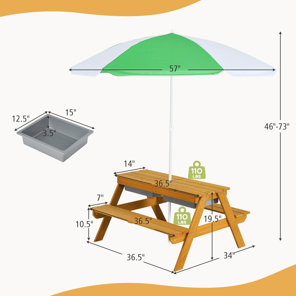COSTWAY 3-in-1 Kids Picnic Table with Adjustable Umbrella – Wooden Sand & Water Activity Table, Removable Tabletop, 110 LB Capacity, Indoor Outdoor Playset for Garden Yard, Natural