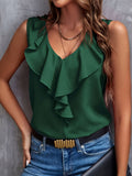 Women's Ruffled V-Neck Sleeveless Blouse Elegant Summer Top Casual Formal Wear Smooth Fabric Dark Green Red White Black S M L XL XXL