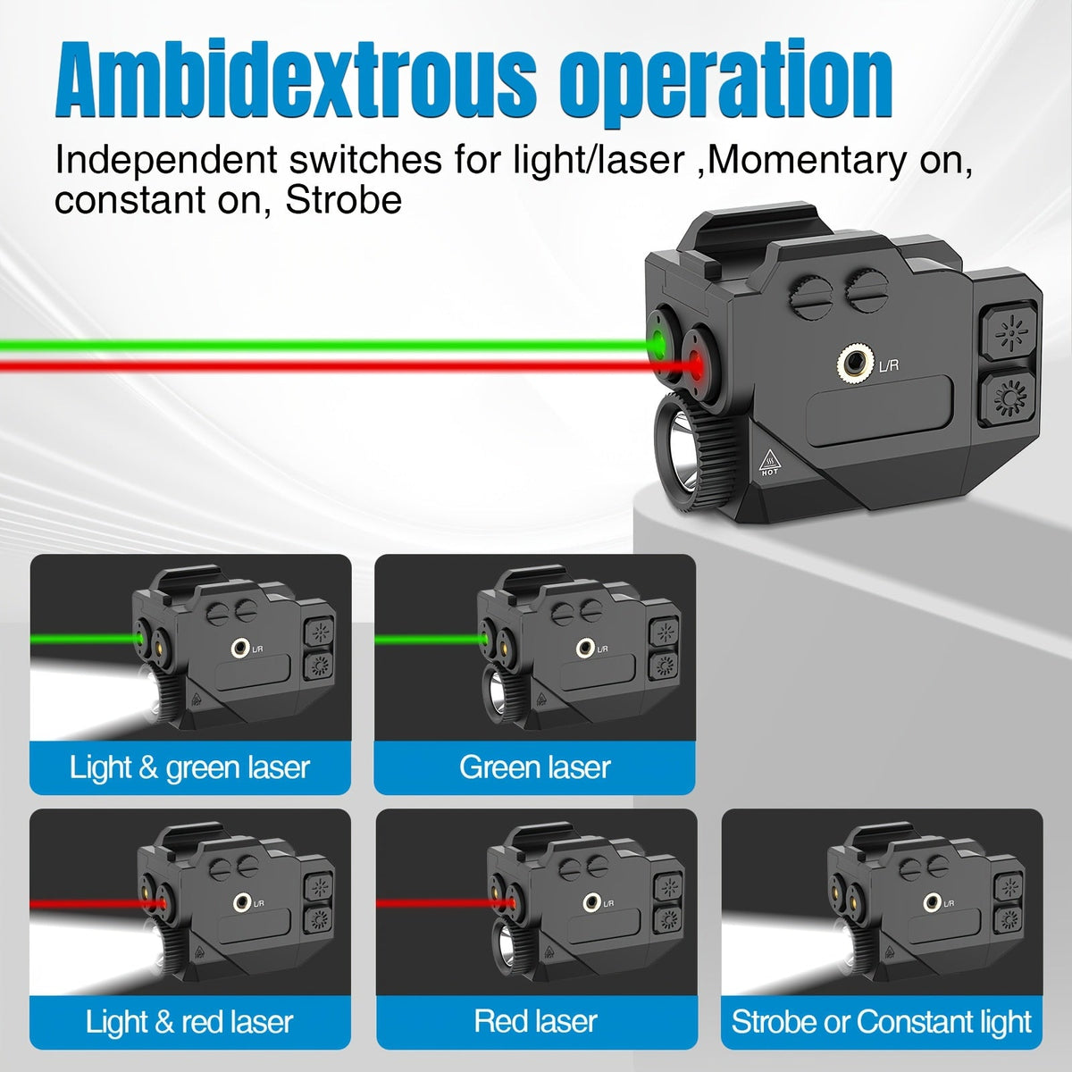Tactical Flashlight with Dual Laser Sight – 450 Lumens Rechargeable Pistol Light for Picatinny Rail, Red+Green / Blue+Green / Purple+Green Laser Beam, Compact Handgun Accessory