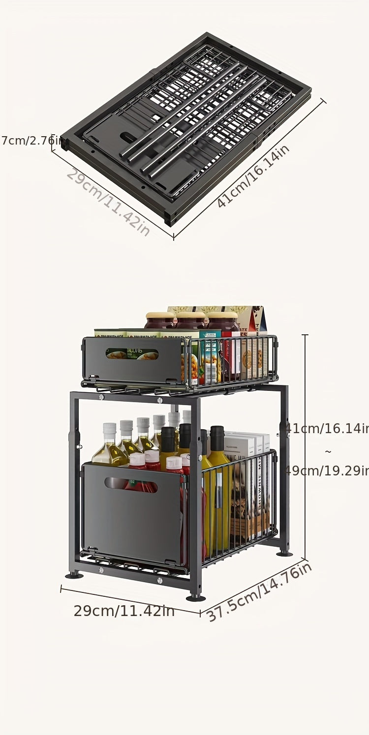 Under Sink Organizer 2-Tier Pull-Out Cabinet Shelf with Adjustable Height, Sturdy Carbon Steel Kitchen Storage Rack, Space-Saving Bathroom & Pantry Cabinet Organizer for Kitchen Organization