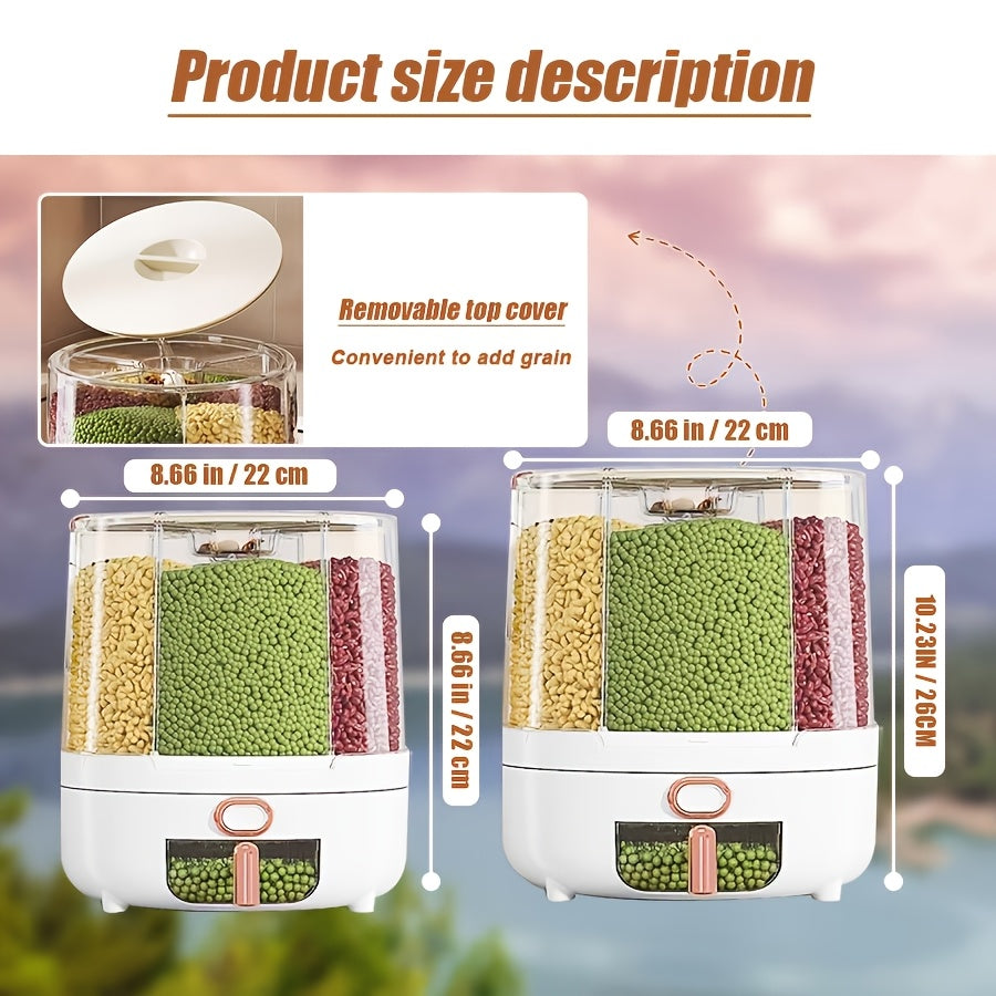 Rotating Cereal Dispenser 6-Grid Large Capacity Airtight Rice Storage Container, Moisture-Proof Insect-Proof Grain Dispenser with Transparent Window & Press Button, Food-Grade PP for Rice Grains Flour