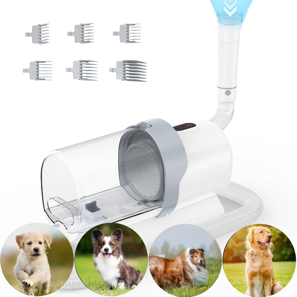 5-in-1 Pet Grooming Vacuum Kit with 99% Hair Suction – Professional Dog & Cat Clippers with 6 Guide Combs, Powerful Low-Noise Grooming Vacuum for Dogs Cats & All Pets, White Grey Blue