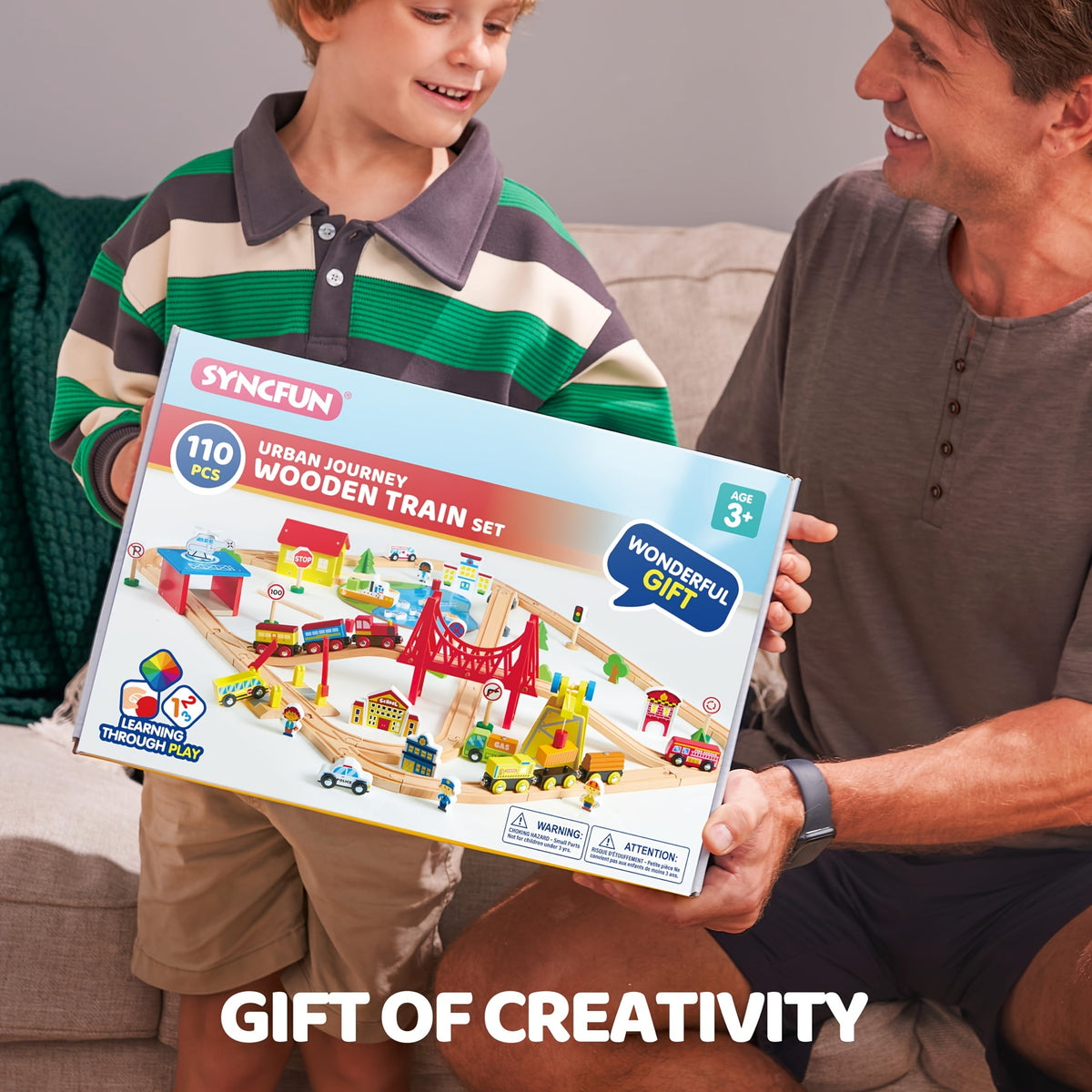 110-Piece Wooden Train Set for Kids – City Scene Railway with 6 Magnetic Trains, 5 Themed Vehicles, Helicopter, Ship & 7 City Themes – Compatible with All Major Brands – Best Birthday Christmas STEM Gift for Boys & Girls
