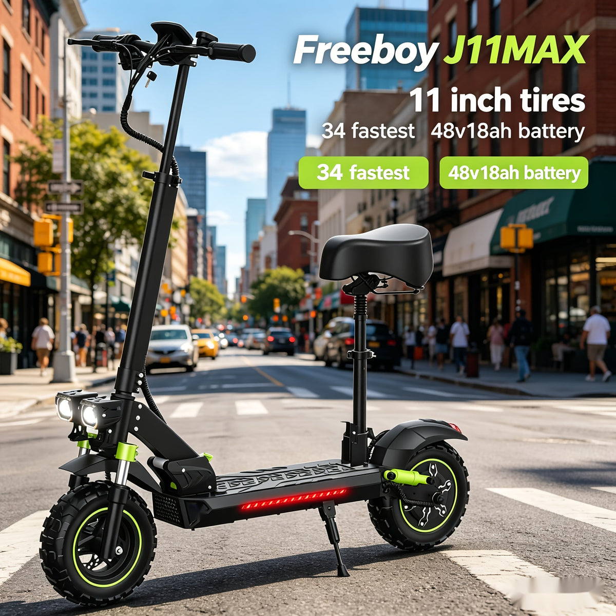 1200W 48V Electric Scooter with Seat – 11-Inch Tires, Full Suspension, Height Adjustable, Front Light, Taillight & Turn Signals – Long Range High Speed Commuter Scooter for Teens & Adults