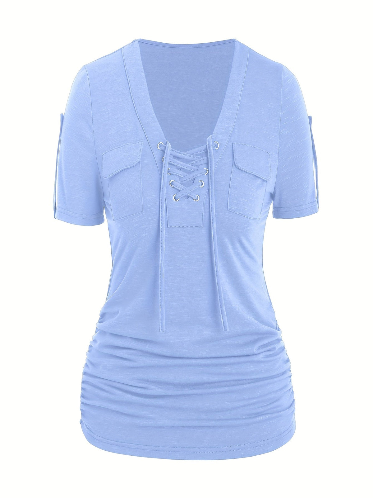 Women's Front Eyelet Strappy T-Shirt V-Neck Casual Stretch Smooth Knit Spring Summer Fall Everyday Top Trendy Cutout S M L XL XXL