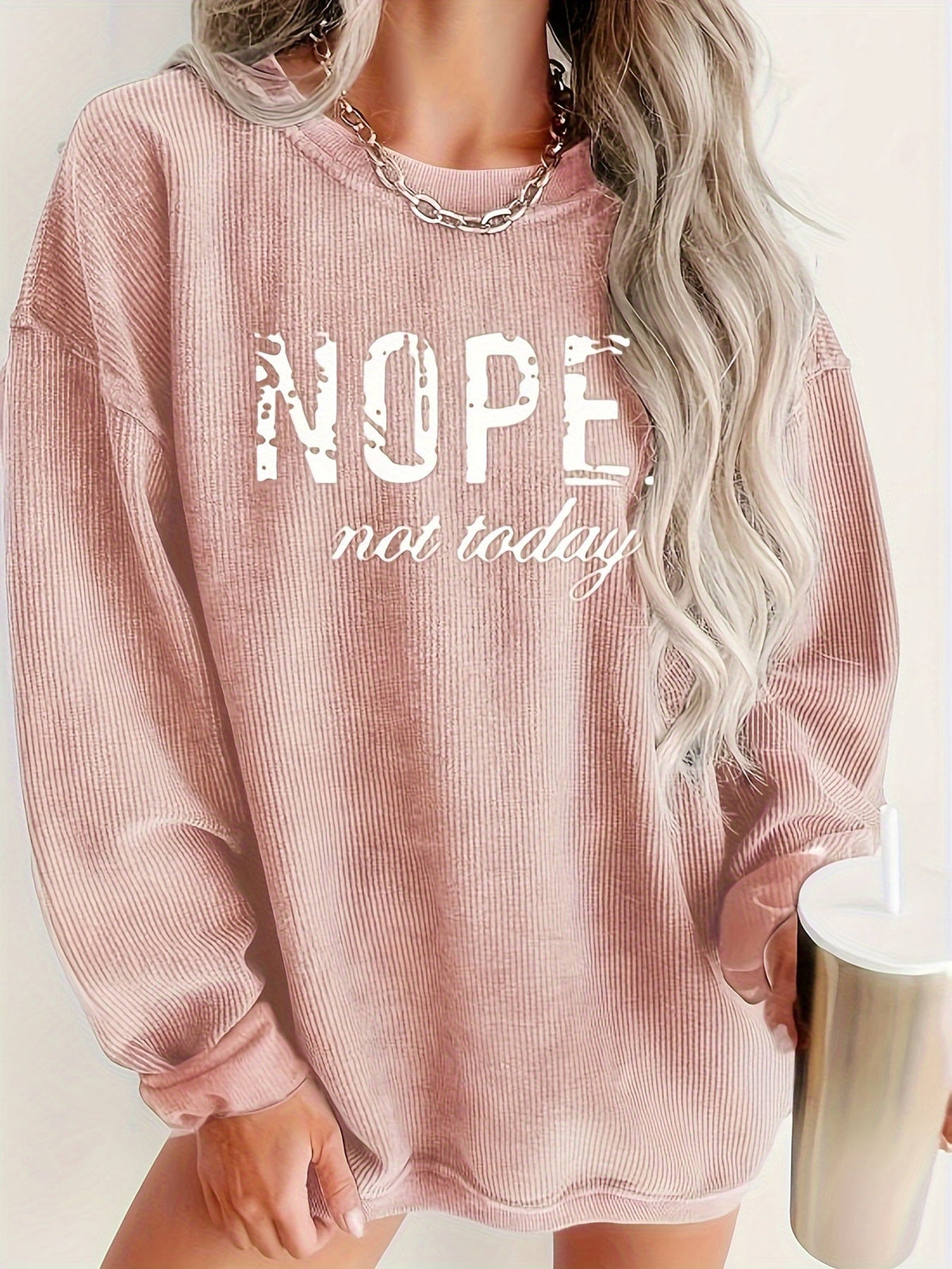 NOPE Printed Long Sleeve Top Women Crew Neck Graphic Shirt Casual Pullover S M L XL XXL Khaki Pink Letter Print