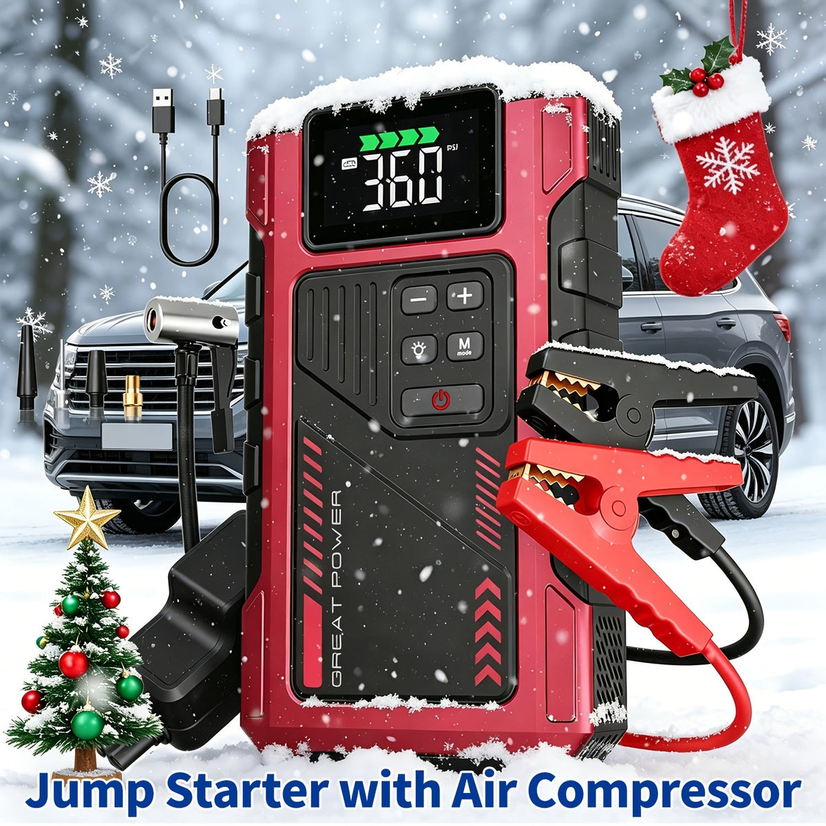 9-in-1 Portable Jump Starter with Air Compressor for 12V Car Up to 8.0L Gas 6.5L Diesel – Battery Booster Pack with Tire Inflator, USB Power Bank, LED Emergency Light & Roadside Kit