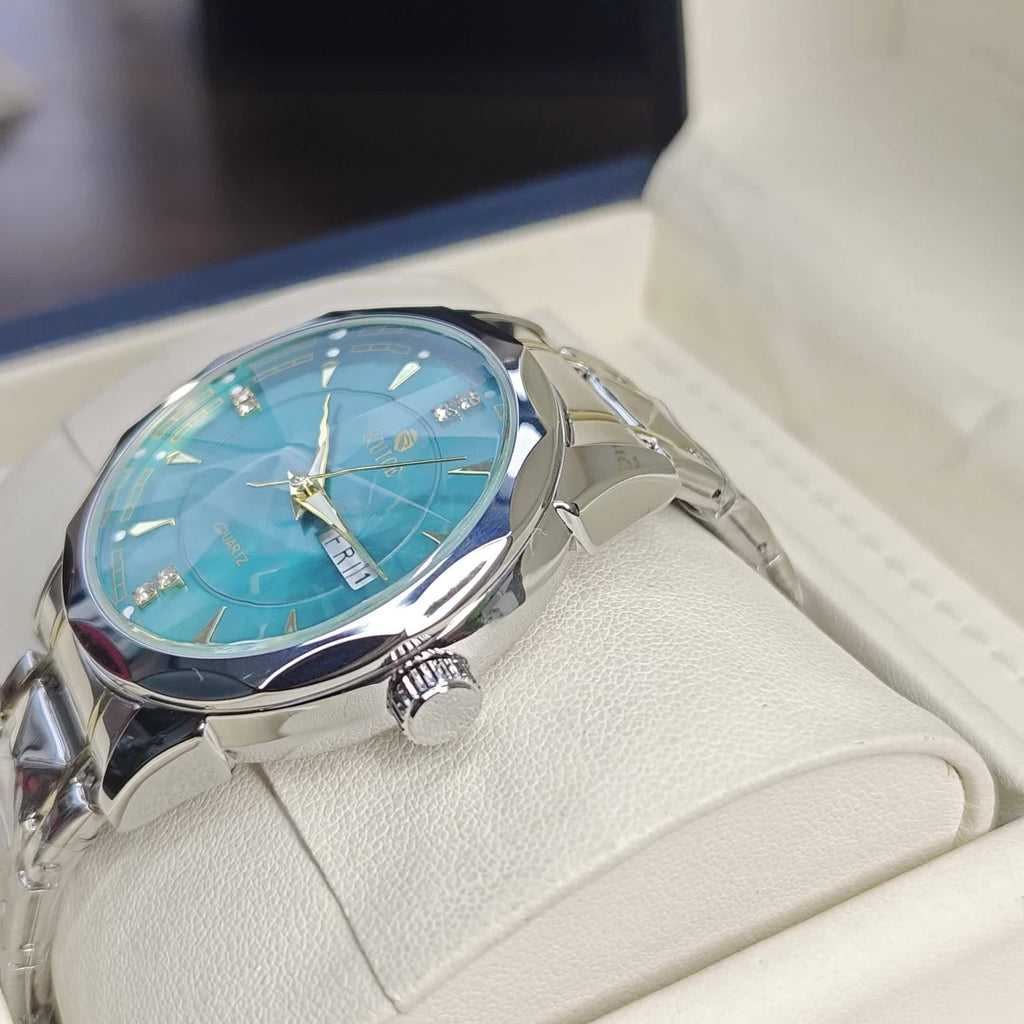 Men's Luxury Quartz Chronograph Watch – Luminous Blue Dial, Stainless Steel Case & Strap, Calendar Date Display, Elegant Business Dress Watch Gift for Him