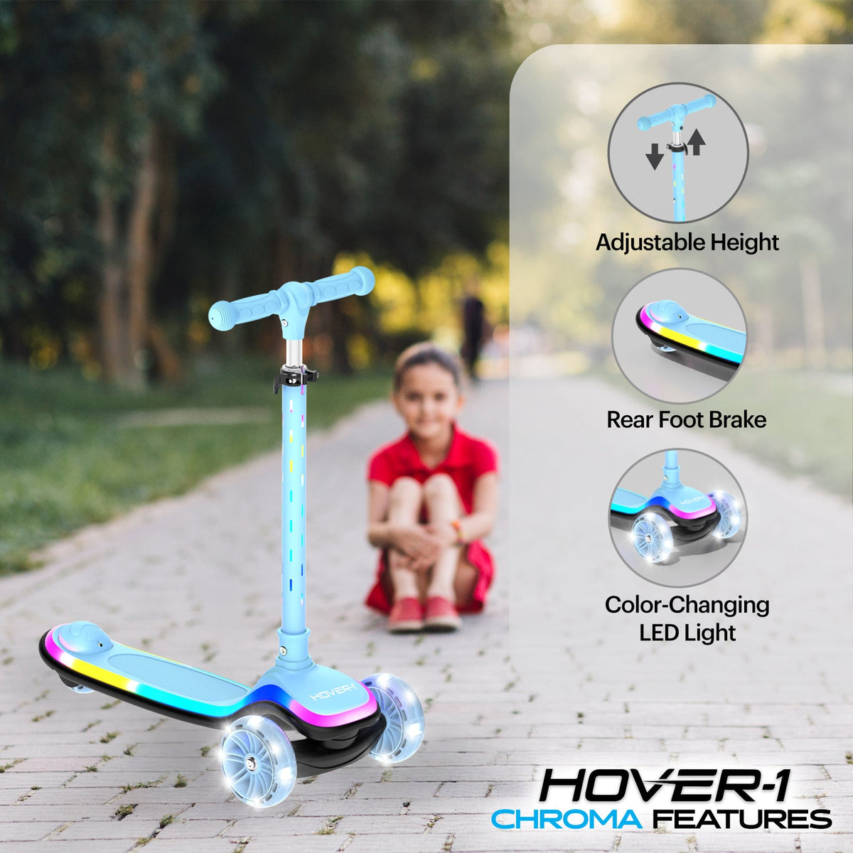 Kids Kick Scooter with Multicolor LED Wheel Lights for Ages 3 and Up - Adjustable Height Handlebars, Rear Foot Brake, 110 LB Capacity, Folding Design - Black, Blue, Purple