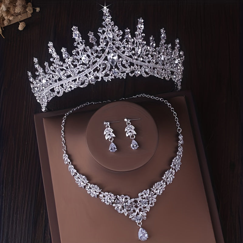 Bridal Jewelry Set 3 Pieces Silver Plated Crown Necklace & Earrings for Bride – Wedding Tiara Jewelry Set for Bridesmaid Prom Queen Birthday Banquet, June Birthstone Gift for Women