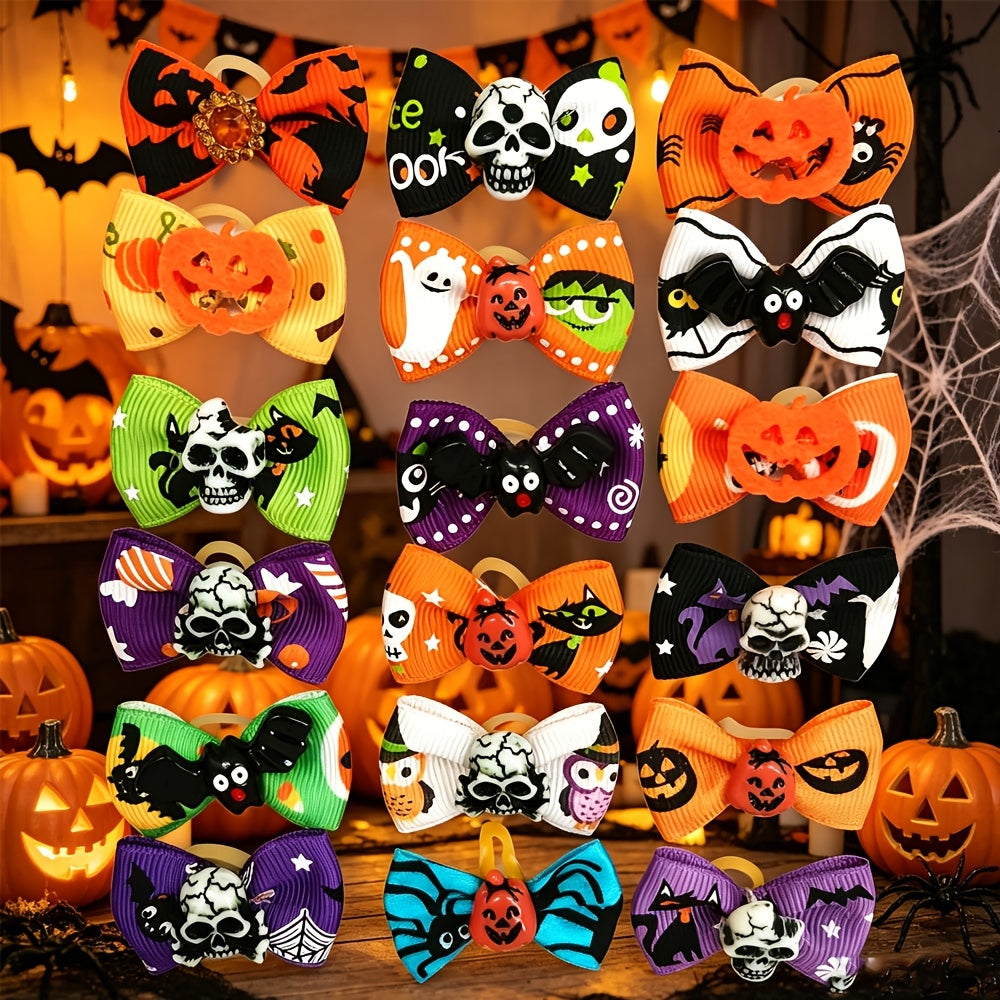 20pcs Halloween Dog Hair Bows with Rubber Bands – 40mm Yorkie Puppy Grooming Ribbons in Mixed Colors & Patterns – Cute Holiday Pet Hair Accessories for Small Dogs & Cats