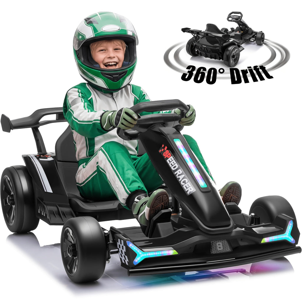 24V Electric Kids Go-Kart Drift Cart 360 Degree Drift Mode High Speed Racing with Soft Start Music Safety Belt Metal Frame Dual Brake for Boys Girls Ages 6 and Up Birthday Christmas Gift Black White Red Orange Silver