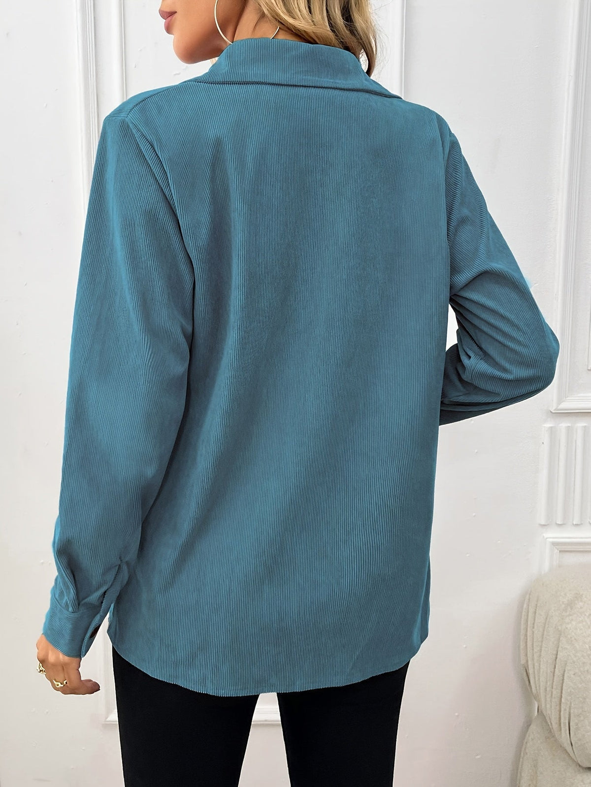 Corduroy Shirt Jacket Women Lapel Front Pocket Long Sleeve Shacket Casual Fall Outerwear Pale Pink Gray Peacock Blue Black XS S M L XL