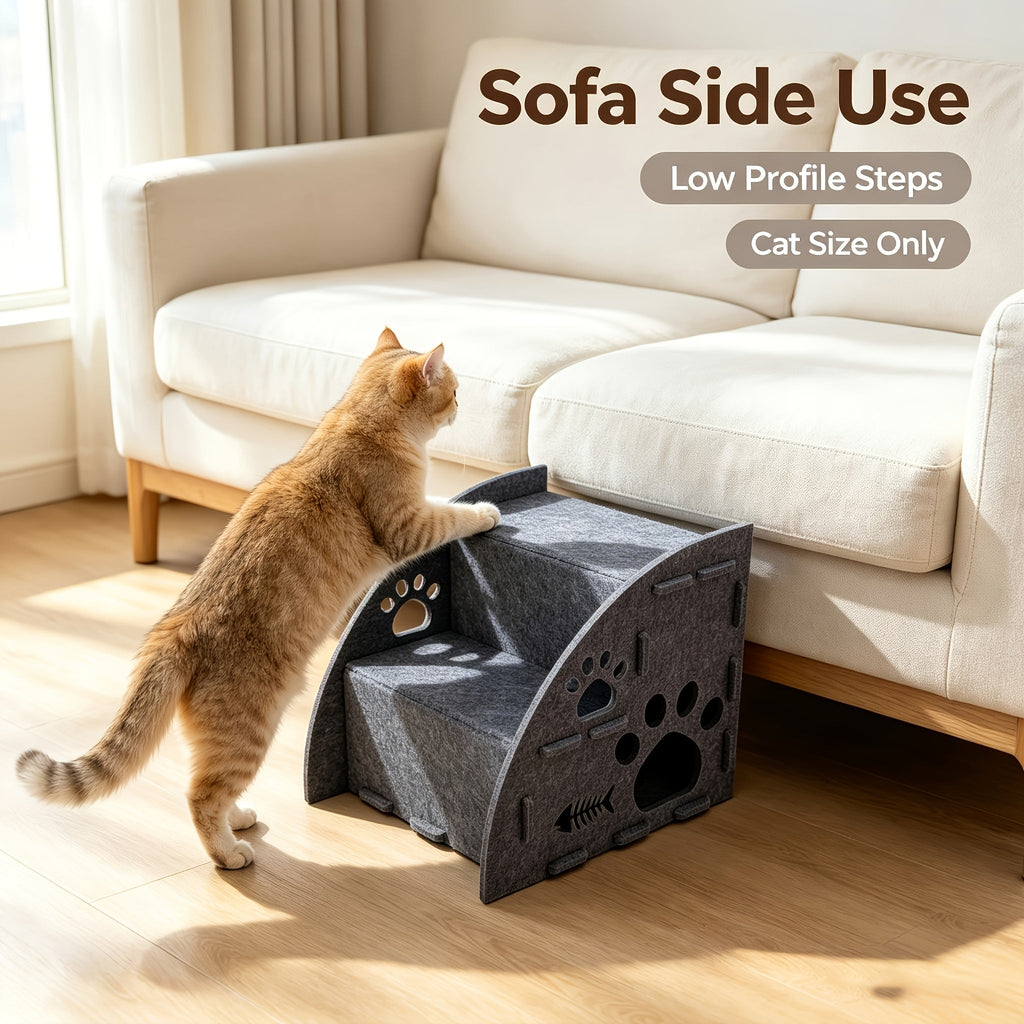 Felt Pet Stair Ramp with Cat Teaser Toy Bundle - Gentle Slope Non-Slip Cat Steps for Sofa & Bed Access, 3-in-1 Multifunctional Design, 3 Sizes (Small/Medium/Large) for Cats & Small Dogs