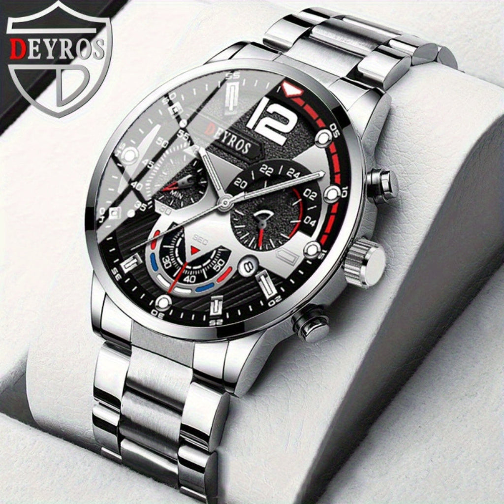 12-Piece Men's Watch & Hip-Hop Jewelry Gift Set – 3 Quartz Analog Watches + 9pc Bracelet, Necklace & Ring Set, Perfect Christmas & Birthday Gift for Men