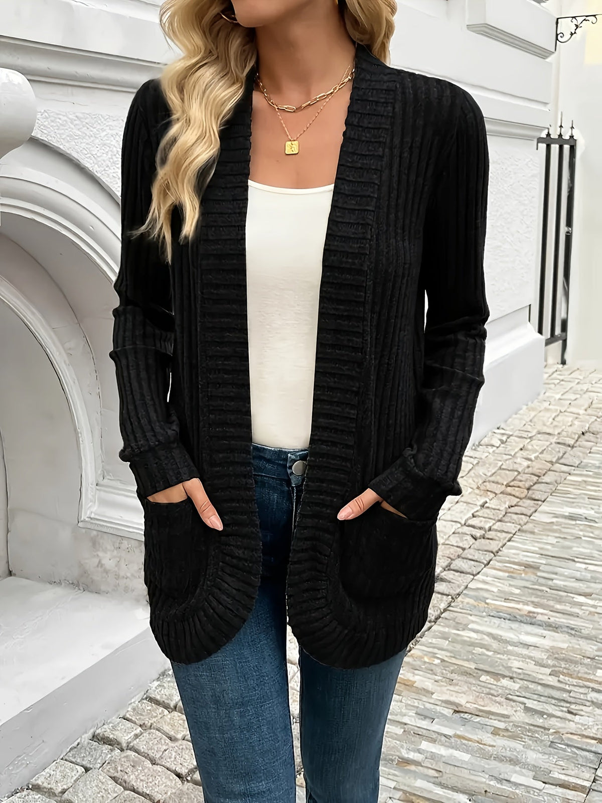 Women Open Front Cardigan Jacket with Pockets Long Sleeve Solid Color Casual Knit Coat Light Grey Black S M L XL Lightweight Layering Outerwear