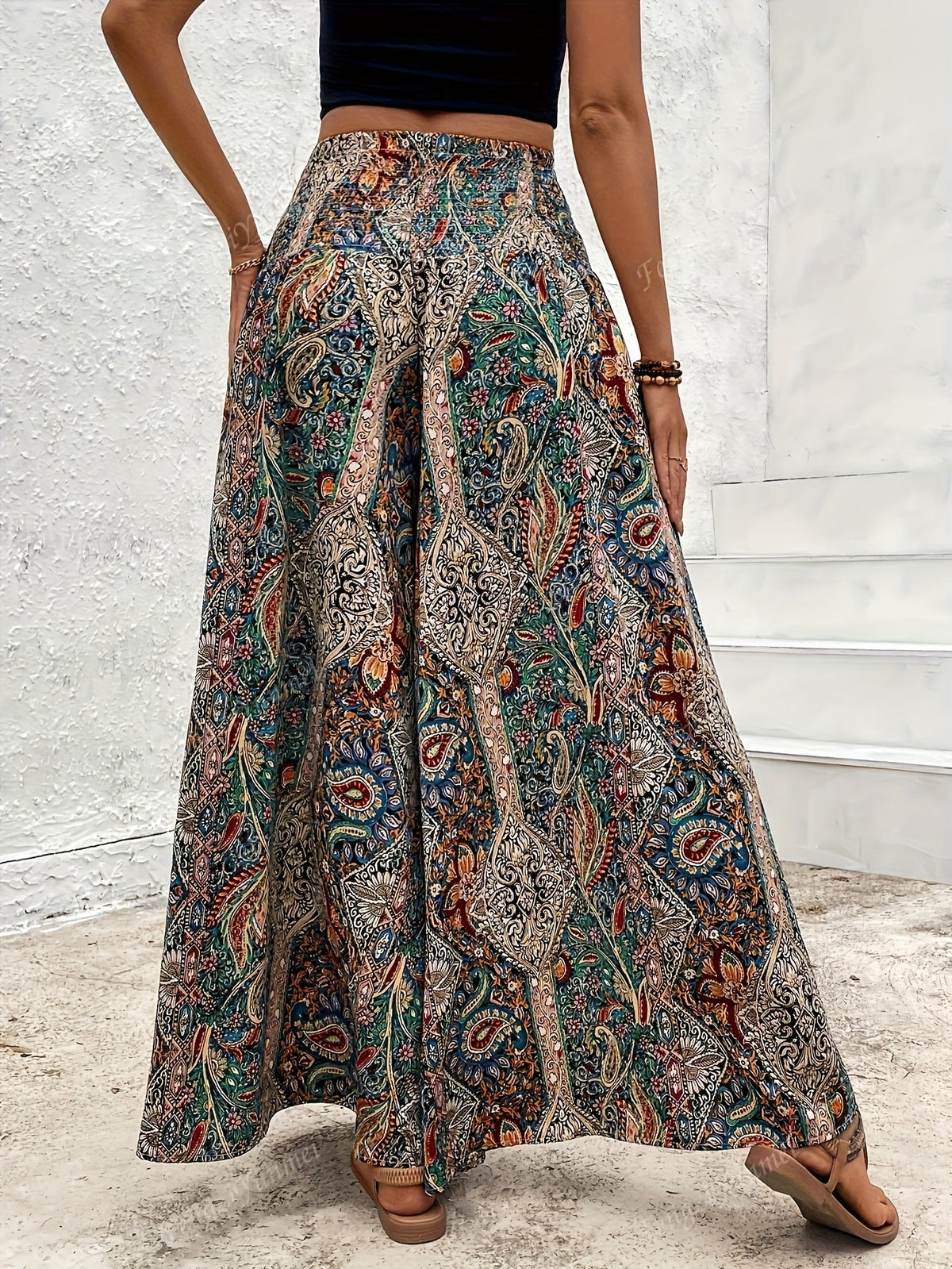 Women's Bohemian Wide Leg Pants High Waist Elastic Waist Paisley Floral Print Casual Flowy Trousers Spring Summer Fall S M L XL Multicolor