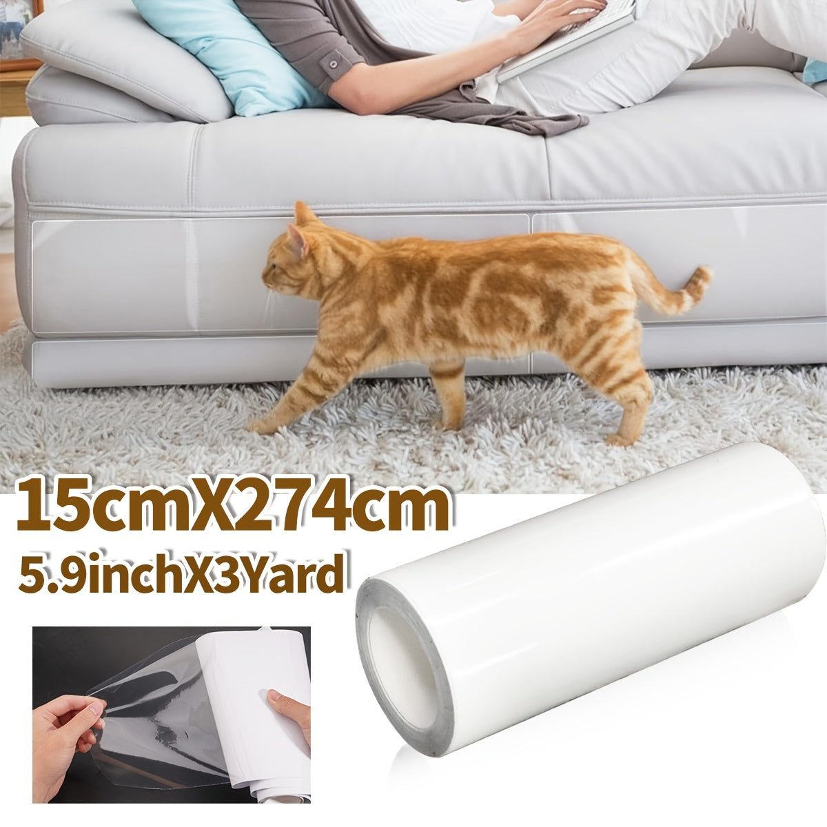 Anti-Cat Scratch Tape Transparent Self-Adhesive Furniture Protector - 3 Yard Roll Cat Scratch Deterrent Film for Sofa Couch Doors & Carpet - 4 Width Options (5.9", 11.8", 17.7", 23.6")