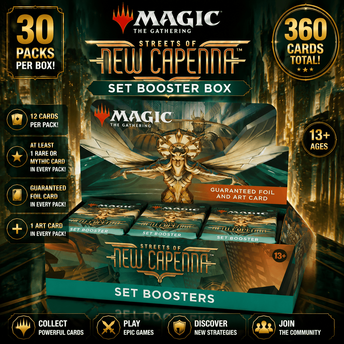 Magic: The Gathering Streets of New Capenna Set Booster Box – 30 Packs, 12 Cards Each, Factory Sealed MTG Booster Box for Collectors, Players & Card Breaks – Premium Trading Card Game Set