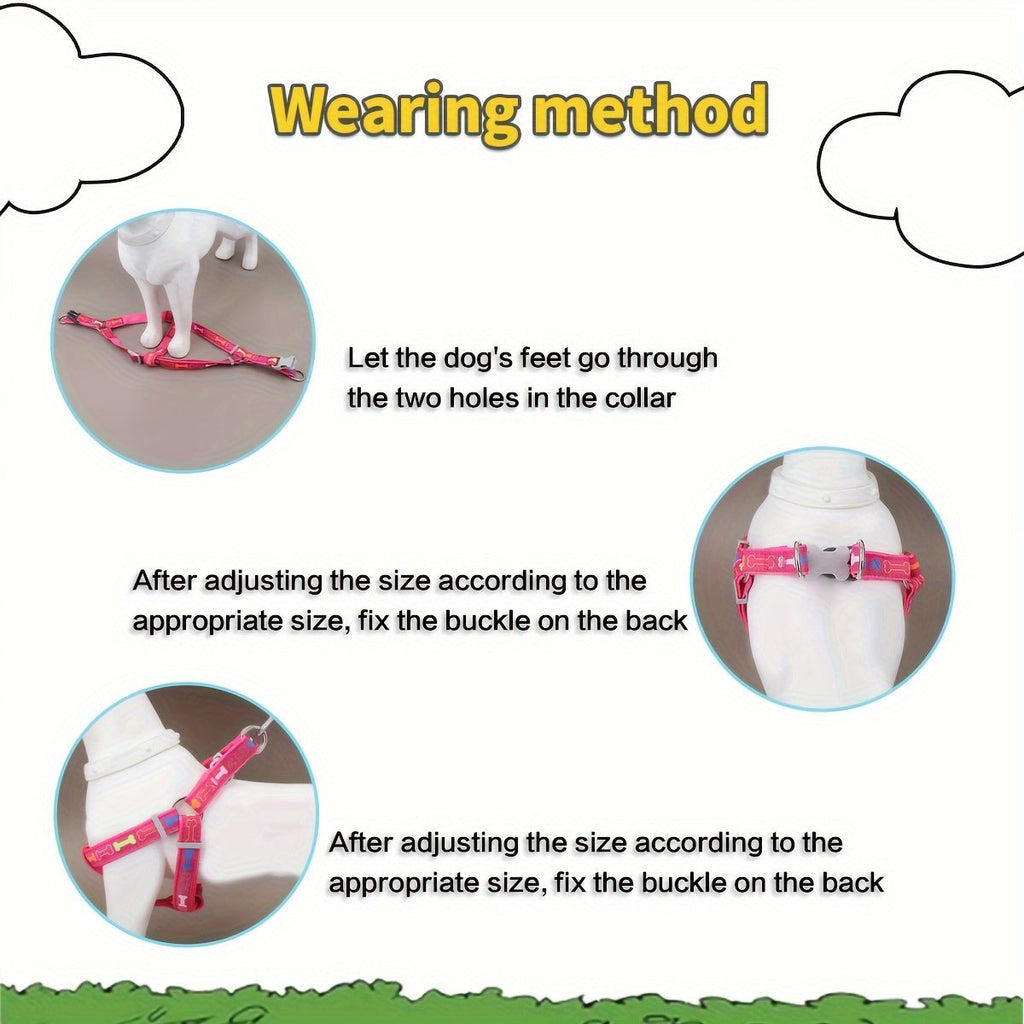 Dog Harness and Leash Set with Bone Pattern - No Pull Triangle Chest Back Vest Harness for Small Medium Large Dogs, Indoor Outdoor Walking, Pink Black Blue Grey, S M L