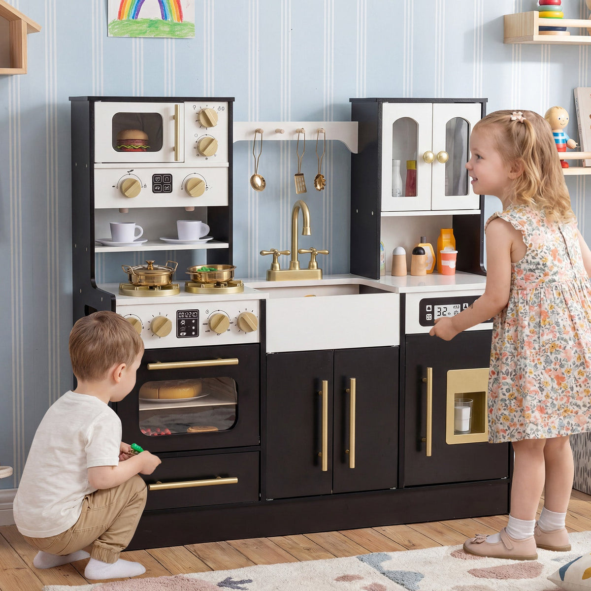 Wooden Play Kitchen for Kids with Realistic Lights – 36.5" Pretend Chef Playset with Stove, Sink, Oven, Ice Machine, Microwave & Coffee Maker, Toddler Role Play Toy Gift for Boys & Girls Ages 3+