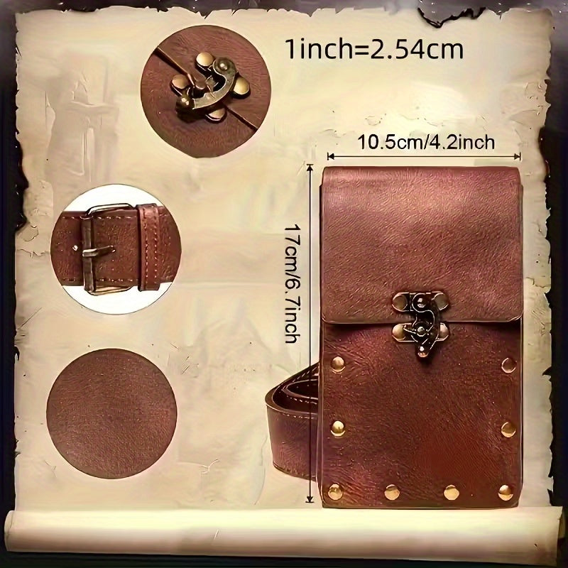 Viking Medieval Waist Bag Set 5 Piece Faux Leather Pouch with Glass Vials Buckles Straps Vintage Costume Accessory for Halloween Cosplay Renaissance Faire LARP Role Playing Black Brown