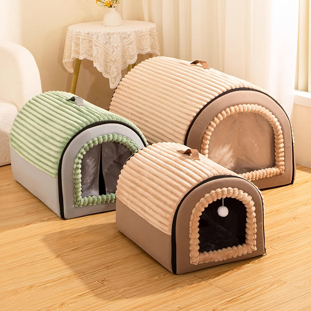 Enclosed Pet House Tent for Cats and Dogs - All-Season Warm Dog Bed with Removable Washable Plush Interior - Indoor Cat Sleeping Nest M L XL Sizes - Cozy Safe Pet Shelter Green Coffee