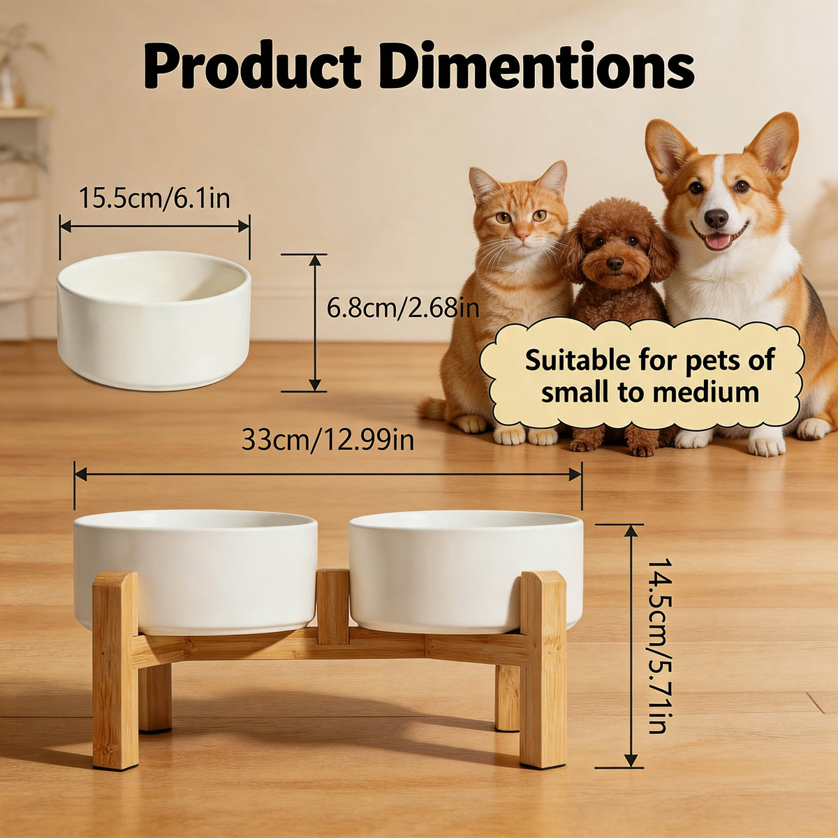 Elevated Ceramic Dog Bowl Set with Bamboo Stand - Raised Double Dog Bowls 28.74oz Non-Slip Feeder for Dogs Cats & Puppies, Adjustable Height Slow Feed Dog Food Bowl with Storage (4 Colors)