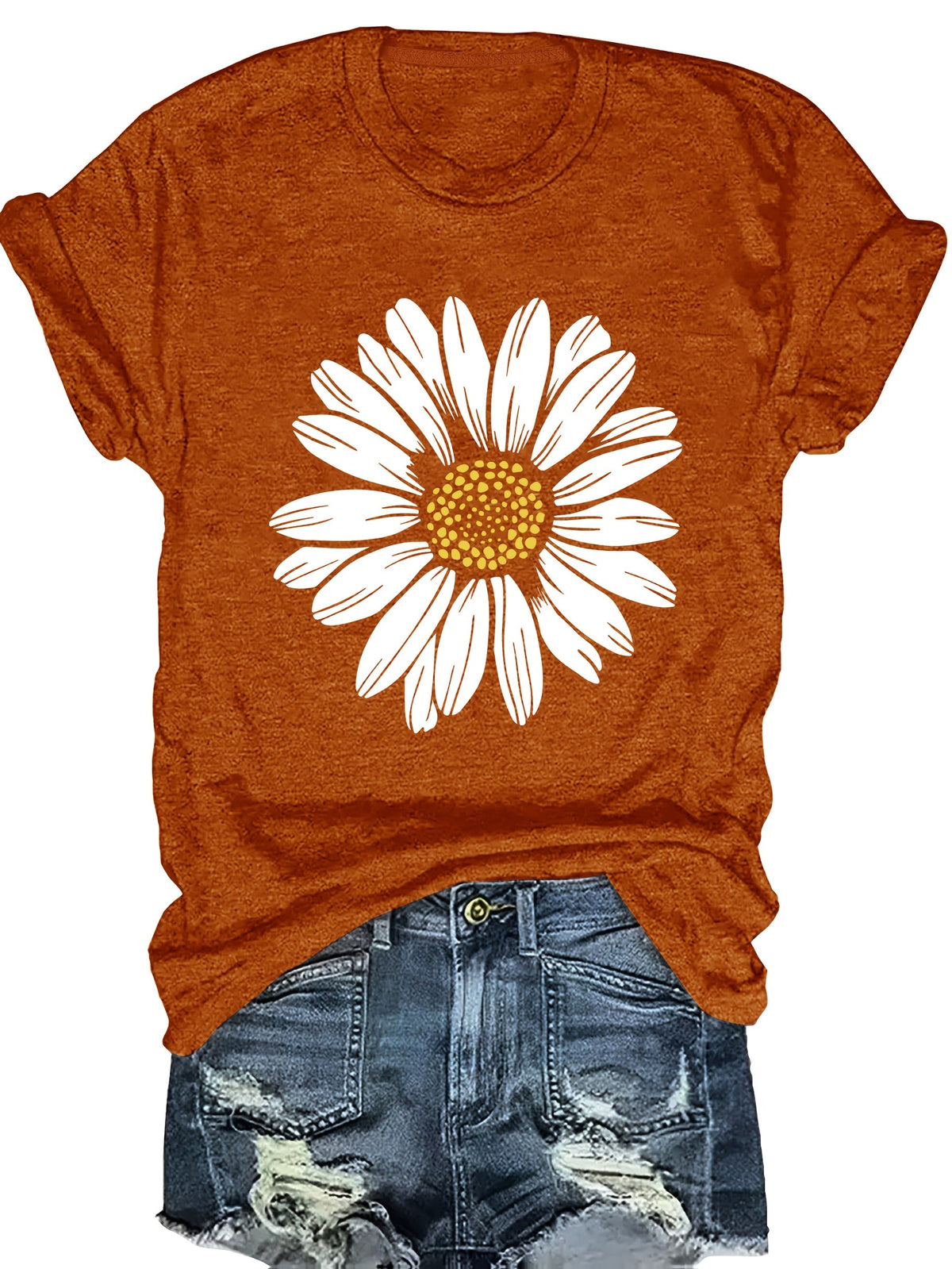 Women's Daisy Flower Print Round Neck T-Shirt | Casual Summer Tops for Women Short Sleeve Tee Shirts Cute Floral Graphic Tshirts S M L XL XXL