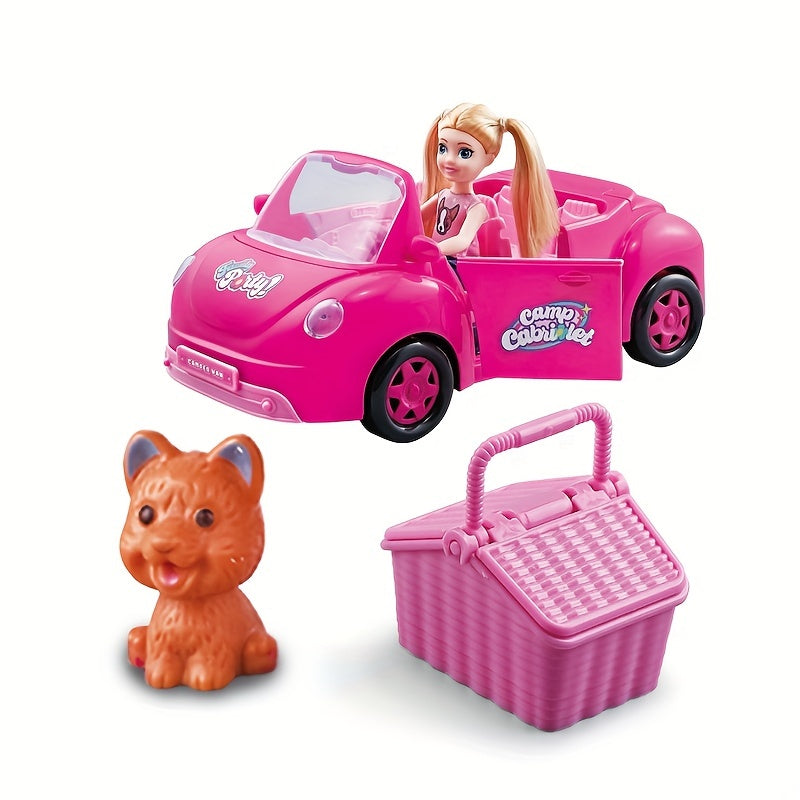 Mini Fashion Doll Convertible Cabriolet Dreamcar Playset with Pet Dog Puppy Dog House Car Model Toy Gift Set for Girls Ages 3+ Imaginative Pretend Play No Batteries