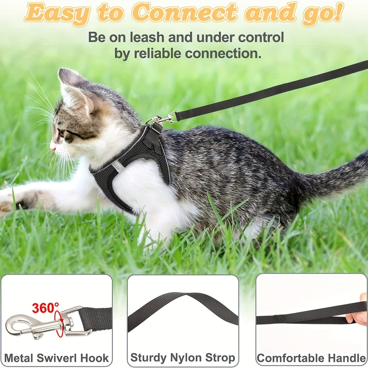 Escape-Proof Cat Harness and Leash Set for Kittens - Reflective Soft Mesh Vest Harness for Safe Outdoor Walks, Adjustable Breathable Cat Walking Jacket, Black & Pink, Size S