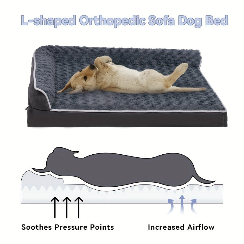 Large Dog Sofa Bed L-Shaped – Tri-Color Fabric Pet Sofa with Removable Cover & Non-Slip Base, Deep Sleep Orthopedic Couch Bed for Large & Medium Dogs