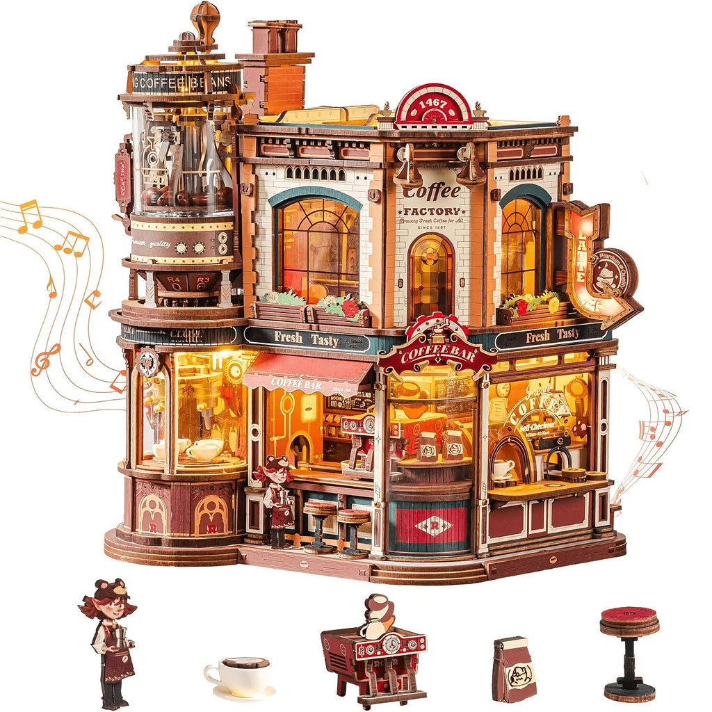 ROBOTIME 3D Wooden Puzzle Dream Coffee Factory Model with Mechanical Moving Parts, LED Lighting & Music - Wood Desk Decor Building Kit, Creative Gift for Hobbyists, Adults & Office Display