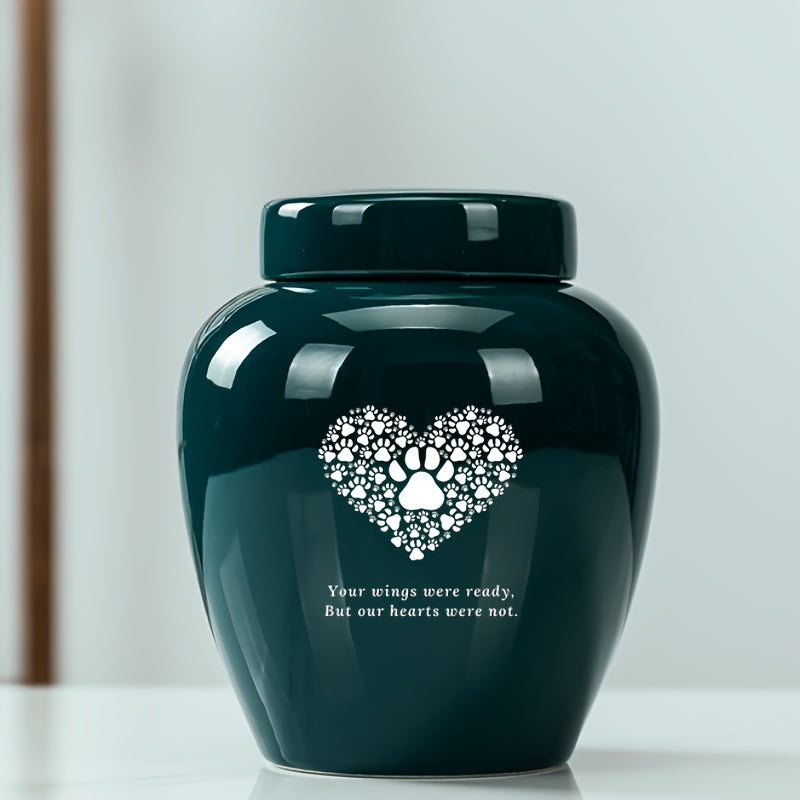 Ceramic Pet Memorial Urn Large Capacity - High-Grade Dog and Cat Cremation Keepsake Urn, Your Wings Were Ready But Our Hearts Were Not Engraved, Durable Pet Loss Grief Comfort Urn, Dark Green