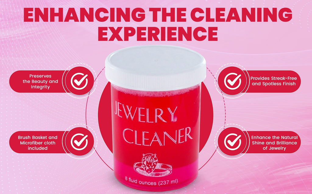 Jewelry Cleaner 8 fl oz for Gold, Silver & Platinum – Fast-Acting Dip Formula, Includes Strainer Basket, Cleaning Brush & Microfiber Cloth – Safe for Stones & Pearls