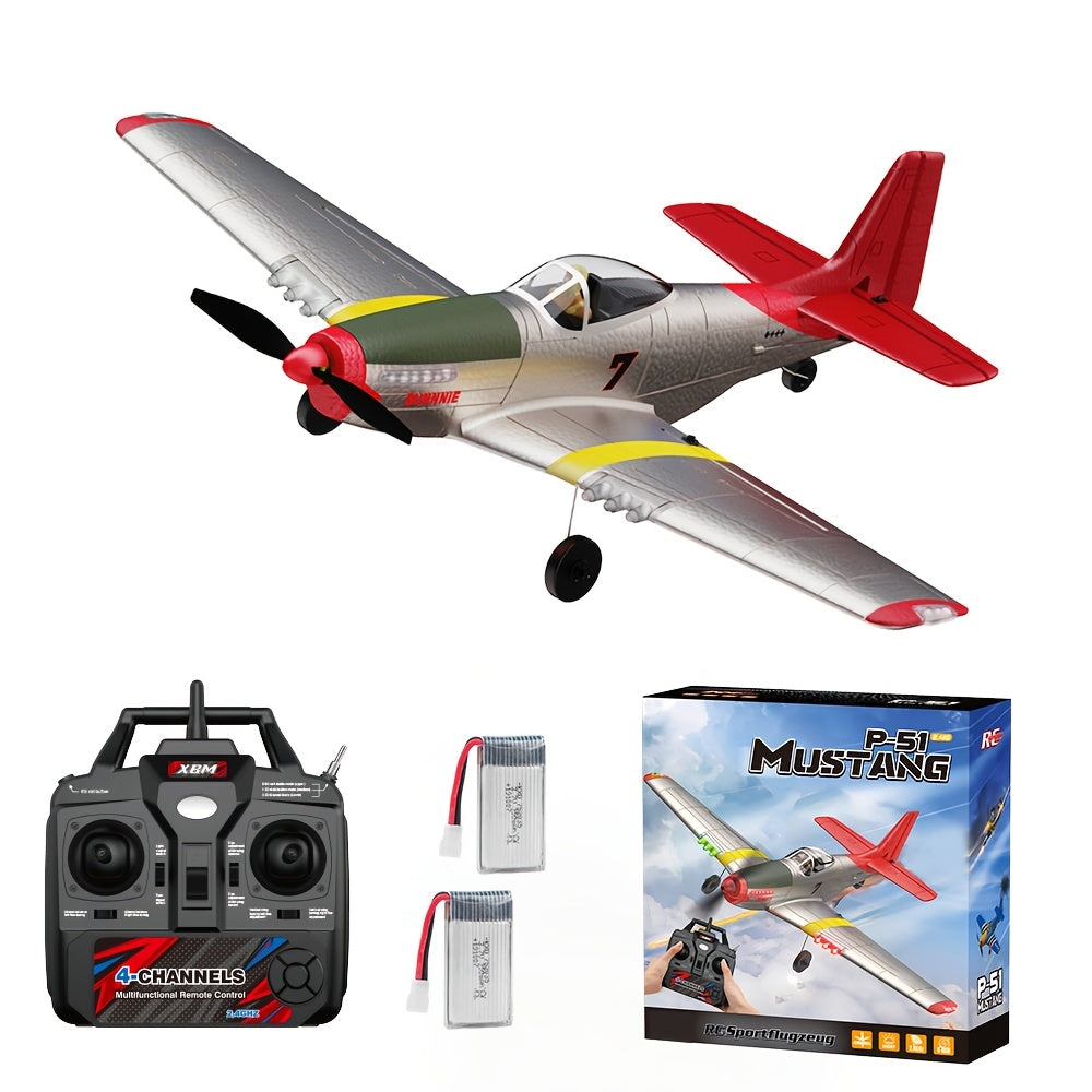 P51 Mustang RC Plane 4-Channel Ready-to-Fly Fighter Jet with 6-Axis Gyroscope, 3D Aerobatic Mode, LED Lights, 2.4GHz Remote Control Electric Airplane – RTF Beginner RC Fixed Wing with 2 Batteries